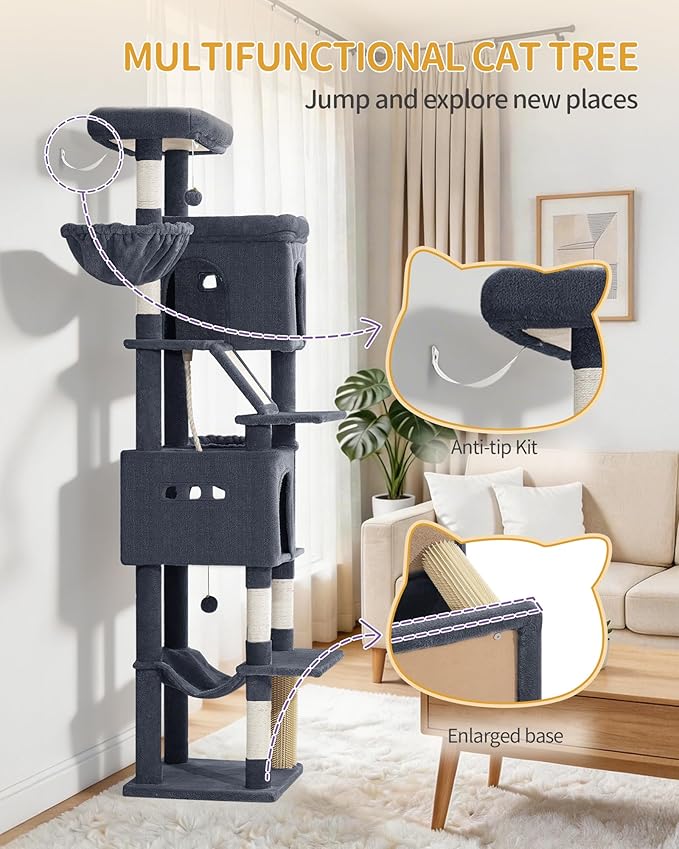 Hzuaneri Large Sturdy Cat Tree Tower, 84 Inch Tall Pet Condo for 7 Large Cats, Cat Tree Indoor Climbing Activity Tower, 2 Large Platform/2 Cave/2 Hanging Basket/5 Scratching Post, Dark Grey MS21318SG