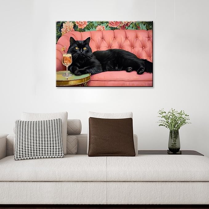Black Cat With Martini Wrapped Framed Print Poster Pet Art Bar Cart Decor Cat Lover Gift Wall Art Room Decor Aesthetics Ready To Hang 12X18 inch