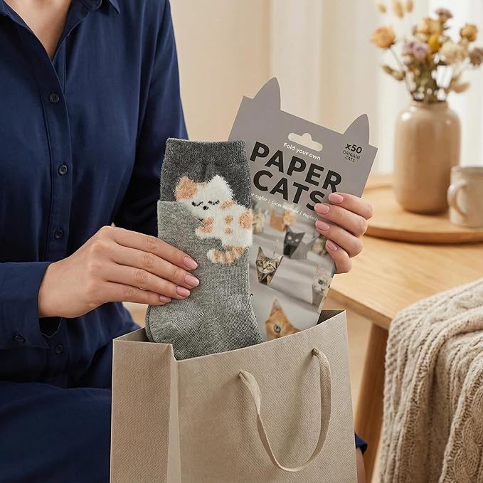 Cat Origami Kit with Socks - 50 Sheets 3D Paper Cat Craft Set, 2 Pairs Novelty Socks, Gift for Cat Lovers