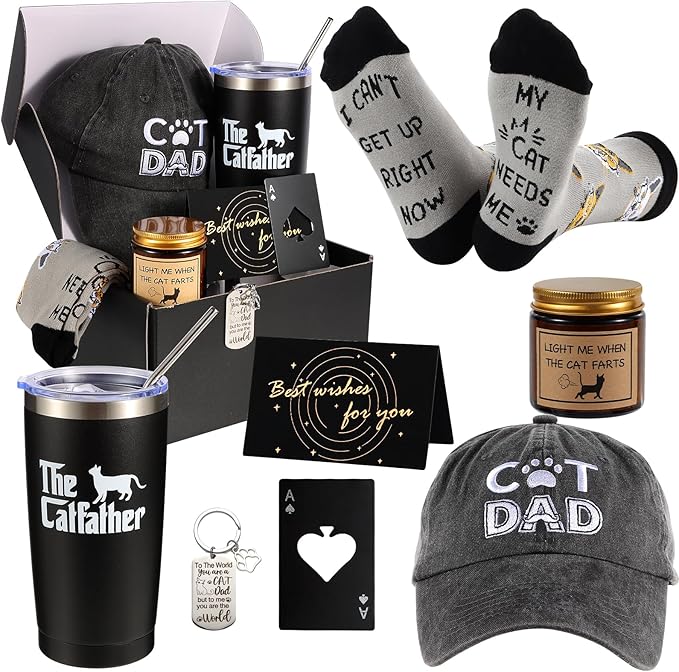 8 Pieces Cat Dad Gifts for Dad, for Dad,Cat Gift for Cat Lovers Including Tumbler Socks Keychain Hat Bottle Opener Greeting Cards Sented Candle