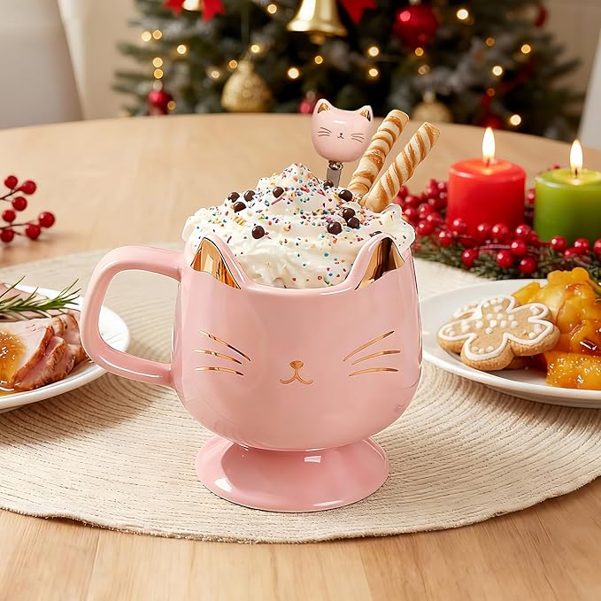 Christmas Mugs High-Footed Ceramic Cat Mug – 13.5oz Unique Coffee Cup with kitty Expression Design, Fun Gift for Women, Girls, Kids, Cat Lovers (pink)