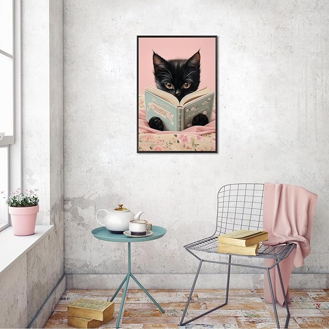 Vintage Cat Canvas Wall Art Funny Cute Cats Reading Books Poster Retro Pink Flower Abstract Animal Aesthetic Prints Painting For Girls Room Bedroom Kids Room Dorm Wall Decor 24x36in Framed