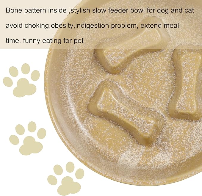 Ceramic Slow Feeder Cat Bowls 6 Inch Cute Bone Slow Feeding Dog Food Bowl,Whisker-Friendly, Anti-Vomiting Feeder for Cats and Small Dogs Non Slip Dishwasher/Microwave Safe (Khaki)