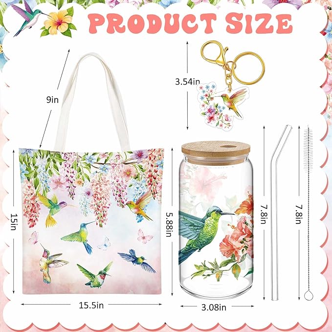 Paterr 4 Pcs Hummingbird Gifts for Women, Hummingbird Lover Gifts for Valentine's Day Birthday Mother's Day Decorations, with Canvas Tote Bag 16oz Glass Coffee Cup with Straw Cute Keychain Socks