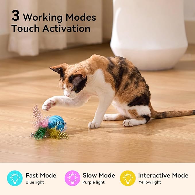 Interactive Cat Toy Ball, Hide and Seek Cat Toys in Play Mat, Moving Rolling Kitten Toys for Indoor Bored Cats, Motion Activated Rechargeable Kitty Toys with 3 Tails/LED Light/Bird Chirping