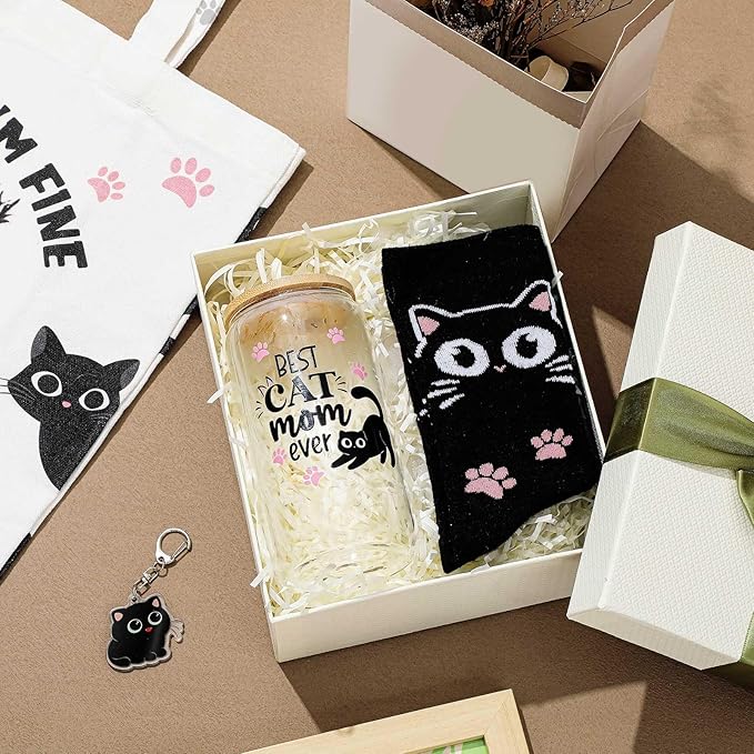 Paterr 4 Pcs Black Cat Gifts for Women Black Cat Lover Gift for Mother's Day Birthday Decorations, with Canvas Tote Bag 16oz Glass Coffee Cup with Straw Socks Cute Keychain
