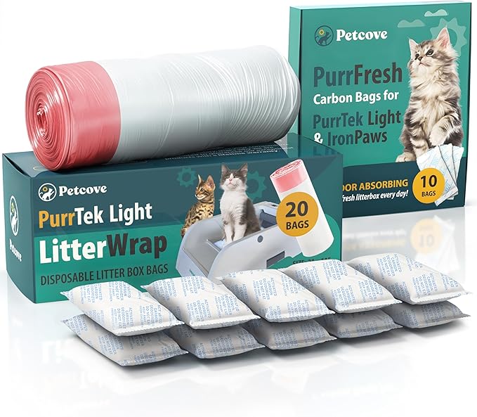 Petcove Cat Litter Box Liners, Carbon Litter Deodorizers Bundle For PurrTek Max & Light| Drawstring Bags for Automatic & Self-Cleaning Litter Boxes | Unscented (PurrTek Light Accessories)