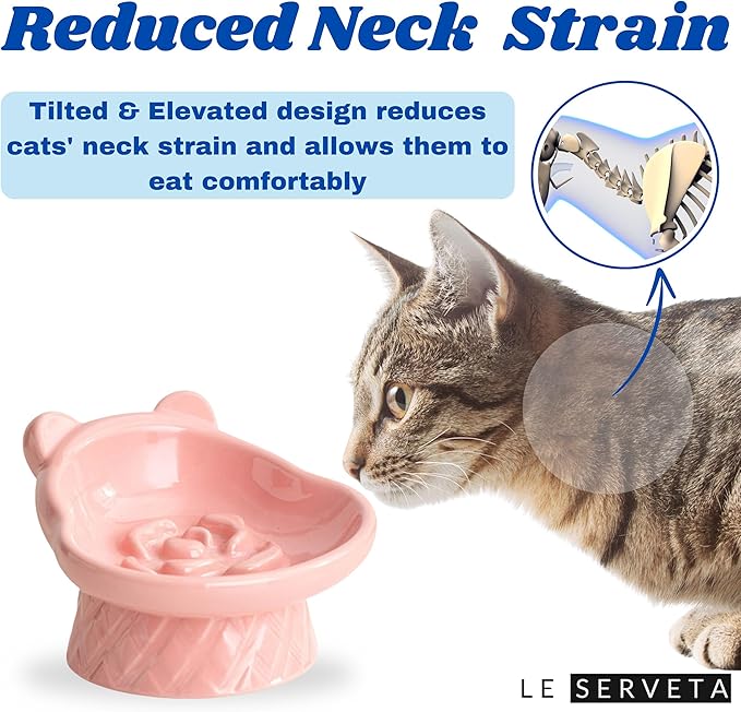 Winnie The Pooh Series Ceramic Slow Feeder Cat Bowl, Raised Anti-Gulping Design with Bear Ears, Pastel Colors, Quilted Pattern Base (Pink)