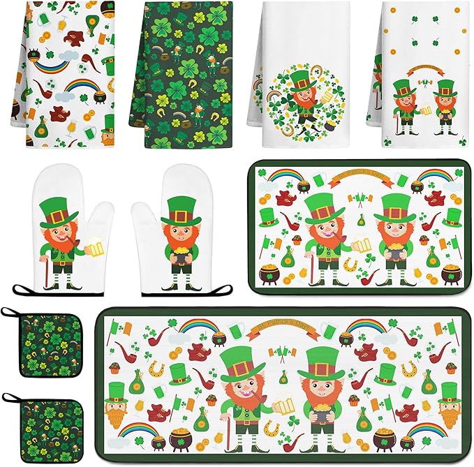 10 PCS Green Kitchen Decor Accessories Sets Shamrock Lucky Clover Kitchen Towels Green Elf Oven Mitts Pot Holders Rug Mat Decoration for Cooking Baking Bathroom Home Camp Spring Gift