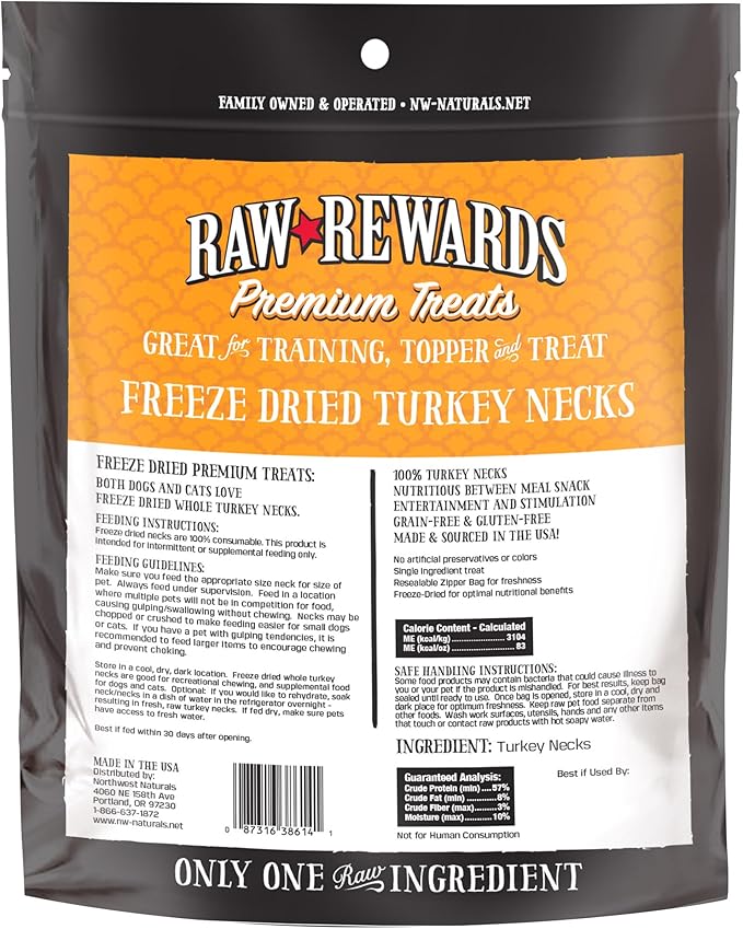 Northwest Naturals Raw Rewards Freeze-Dried Turkey Neck Treats for Dogs and Cats - Bite-Sized Pieces - Healthy, 1 Ingredient, Human Grade Ingredients, All Natural, Made in USA, 6 Oz (Pack of 3)