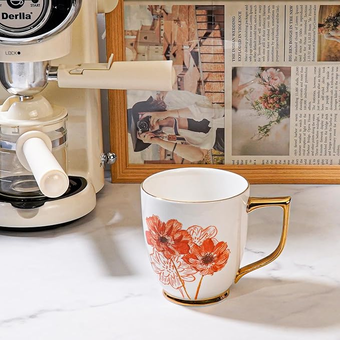 Ceramic Daisy Cup - 15 oz Coffee Mug for Tea Mocha Latte, Porcelain Flower Cup for Home and Office, Thanksgiving Christmas Gifts