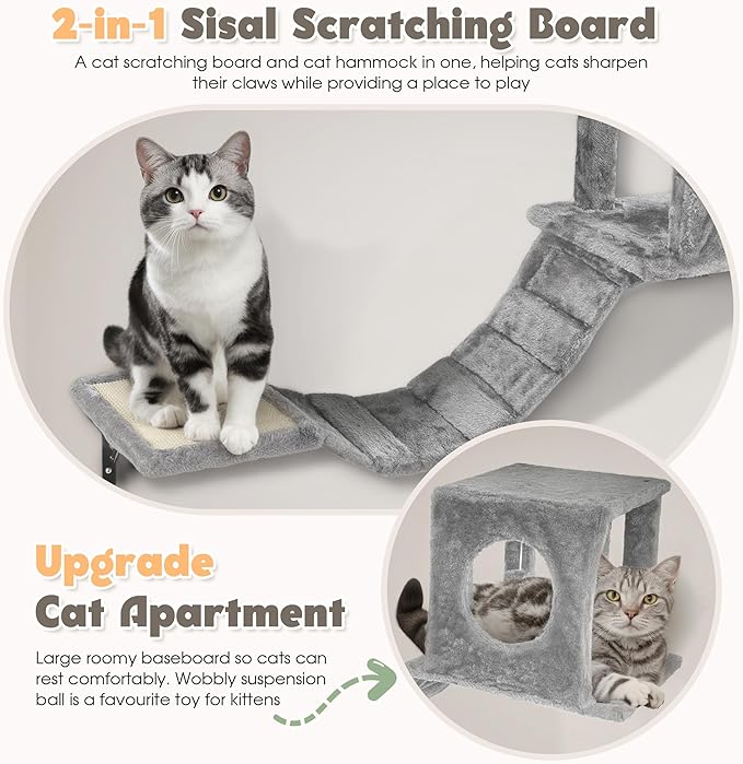 Cat Wall Shelves, 7-in-1 Wall Mounted Cat Climber Set, Indoor Cat Furniture – Includes House, Tunnel, Bridge, Steps, Scratcher, Hammock, Shelves, Gray