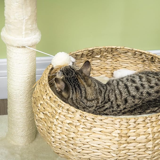PawHut 28" Elevated Cat Bed with Sisal Scratching Post for Indoor Kitties, Modern Cat Tree with Cute Basket Design, Small Cat Tree with Fun Ball Toy