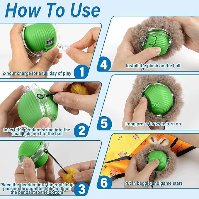 gisgfim Interactive Cat Toys for Indoor Cats Automatic Moving Cats Ball Rolling in Pouch Motion Activated Chirping Cat Ball Toy with LED Light Hide-n-Seek Kitten Toy for Bored Indoor (Yellow)