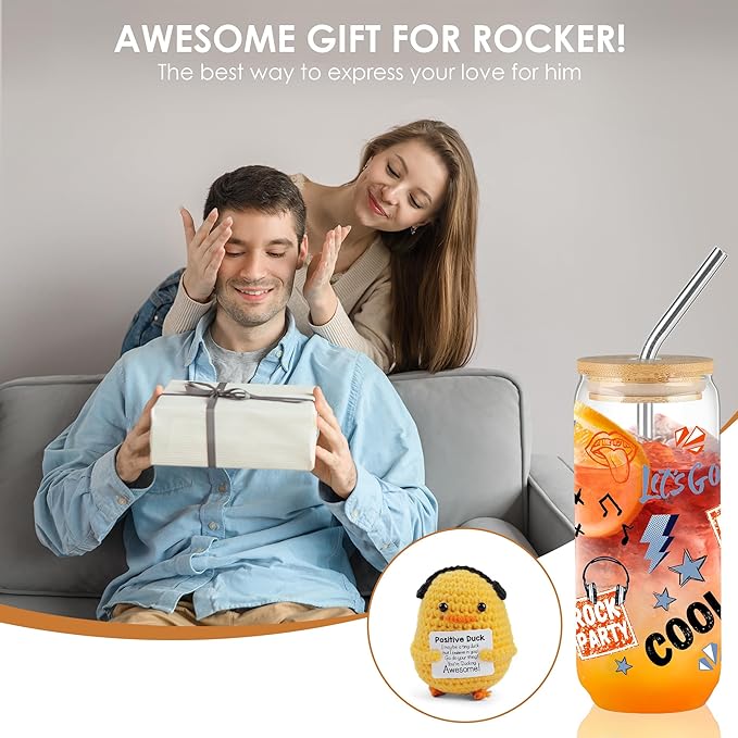 Joeyan Glass Cup with Lid and Straw, 20oz Iced Coffee Cup with Positive Crochet Duck Doll, Rock Party & Game Themed Glass Tumbler for Smoothie Boba Tea, Cool Gamer Gift for Men Boyfriend Son Gamers