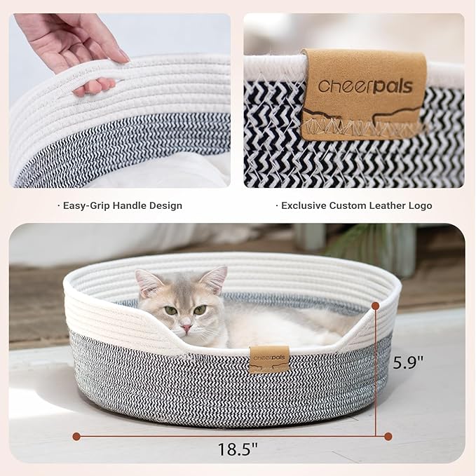 CHEERHOME PETS Cat Bed Basket with Cushion, Cotton Rope Woven Pet Bed for Indoor Cats Couch, Kitten Bed for Medium and Large Cat, All Season Universal (Grey)