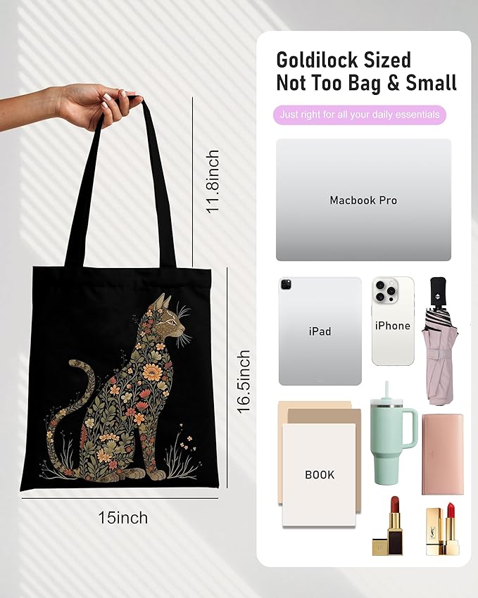 DYALE Canvas Tote Bag Double-Sided Prints with Snap Closure, Cute Tote Bag with Pocket for Shopping, Library, Work, Travel