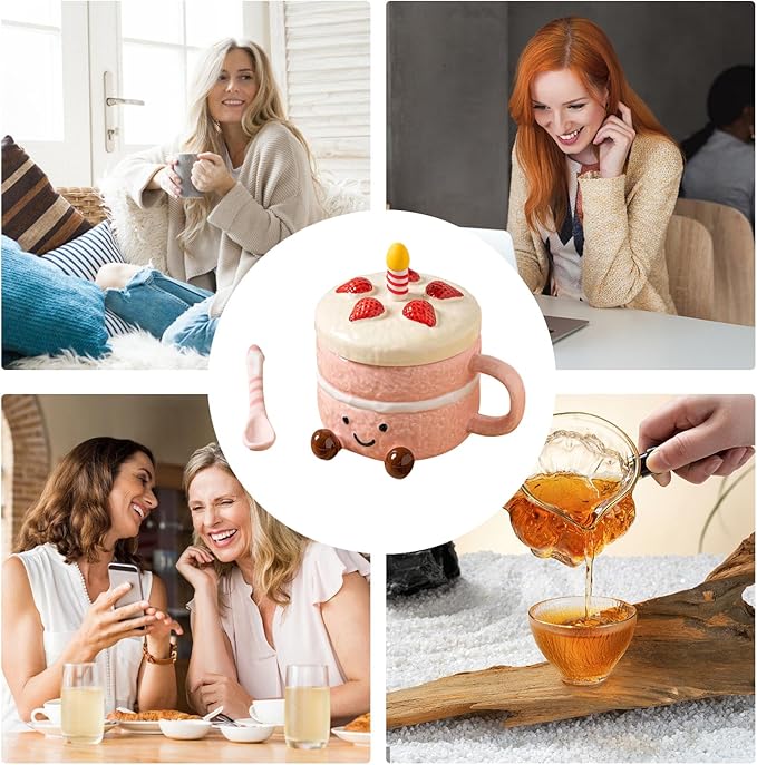 Adorable Cake Ceramic Coffee Mug, 400ml Cute funny Mug For Women, Cake Shaped Aesthetic Mugs Tea Cup with Lid Spoon for Birthday Valentines Day Home Office School
