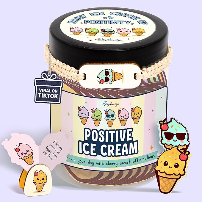 Stofinity Emotional Support Ice Cream Gifts - 60 Positive Affirmations Cards For Kids, Sweetest Day Gifts For Myself, Fathers Day, Mothers Day, Cute Christmas Gift For Teens Mood-boosting Desk Decor