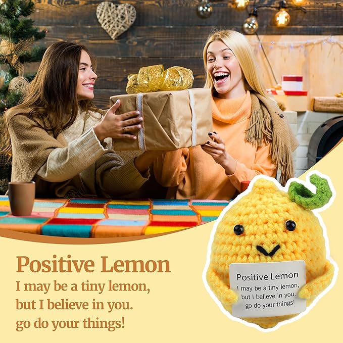 Joeyan Glass Cup with Lid and Straw - 20oz Iced Coffee Cup with Positive Crochet Lemon Doll, Cute Lemon Glass Tumbler for Smoothie Boba Tea, Summer Inspirational Birthday Gifts for Women Her Friend