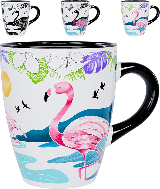 Color Changing Flamingo Coffee Mug 12oz – Ceramic Heat Sensitive Cup for Coffee, Tea, Hot Cocoa & Milk – Magical Flamingo Mug with Tropical Floral Reveal – Unique Gift for Flamingo Lovers, Women, Mom