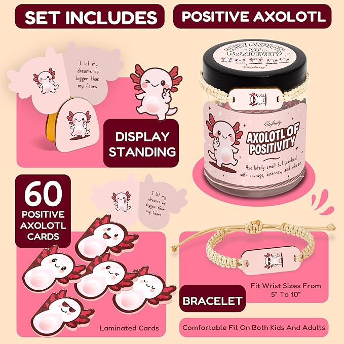 Stofinity Positive Axolotl Gifts For Girls - Fun Back To School Gifts For Kids Teens, Cute Secret Santa Gift For Women Friend, Tiny Axolotl Card For Birthday, Christmas, Valentine, Easter