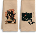 Funny Black Cat Kitchen Towels Set of 2, Sushi Cat Lover Gifts Dish Towels, Japanese Ramen Noodles Sushi Black Kitty Decorative Hand Towels 16x24 Inch