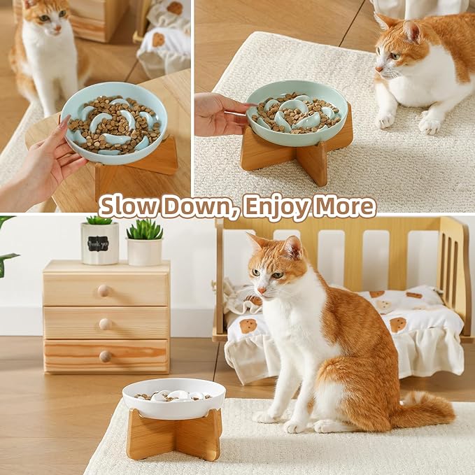 Elevated Slow Feeder Cat Bowl - Melamine Cat Food Plate with Anti-Slip Bamboo Stand - Whisker Friendly Feeding Bowl - Raised Maze Dish for Slow Eating - Pale Blue
