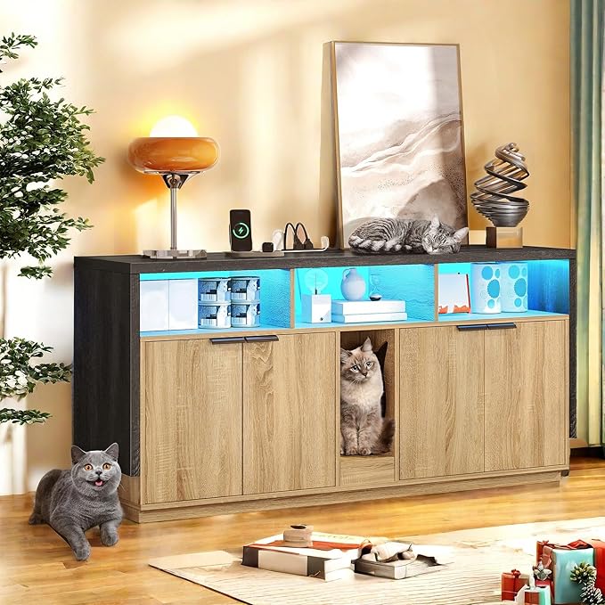 YITAHOME Double Hidden Cat Litter Box Enclosure with Power Outlet & LED Light, 60 Inch Dual Kitty Litter Box TV Stand Furniture for 2 Cats, Wooden Cat Cabinet for Indoor Cats, Grey Oak