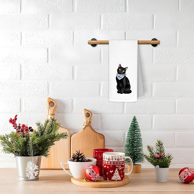Black Cat Kitchen Towels, Black Cat Gifts Dish Tea Towels for Kitchen Decor, Blue and White Chinoiserie Bandana Kitty Kitten Decorative Hand Towel Bathroom Yoga Spa Decor, 16x24 Inch