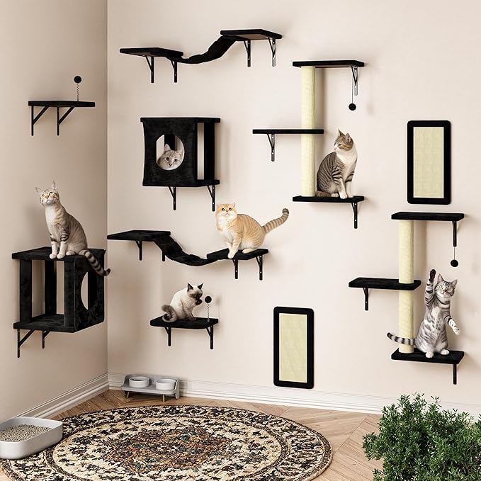 10 Pcs Cat Wall Shelves Set, Wall-Mounted Climber with Cat House, Scratching Post, Bridge, Hammock, Space-Saving Play Furniture, Black