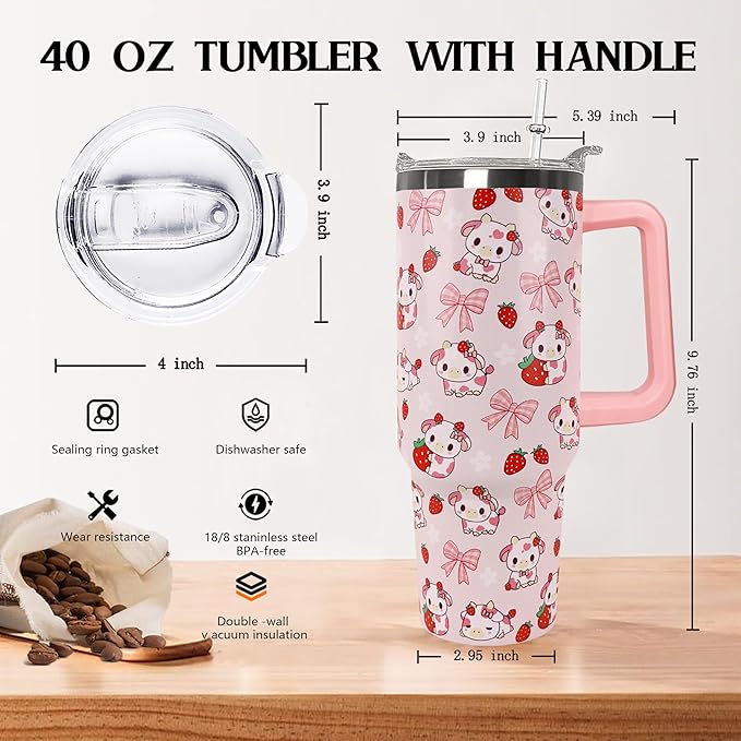 Ceovfoi 40 Oz Strawberry Cow Tumbler With Handle,Cow Print Coffee Travel Mug Cup Water Bottle,Strawberry Decor, Cow Print Gifts for Women