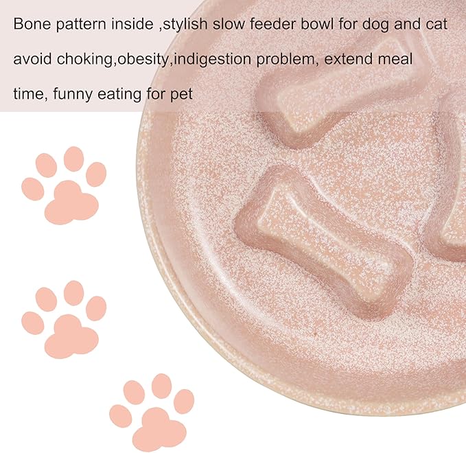 Ceramic Slow Feeder Cat Bowls 6 Inch Cute Bone Slow Feeding Dog Food Bowl,Whisker-Friendly, Anti-Vomiting Feeder for Cats and Small Dogs Non Slip Dishwasher/Microwave Safe (Pink)