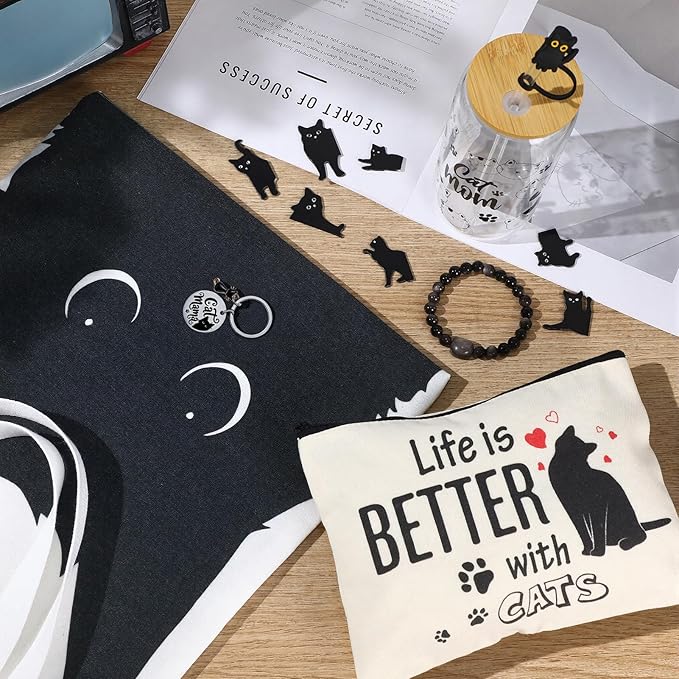 Cat Mom Gifts for Women,Black Cat Themed Gift Set with Glass,Canvas Tote Bag,Makeup Bag,Keychain,Bracelet and Magnetic Bookmarks,Unique Cat Lover Gift Box for Mother’s Day
