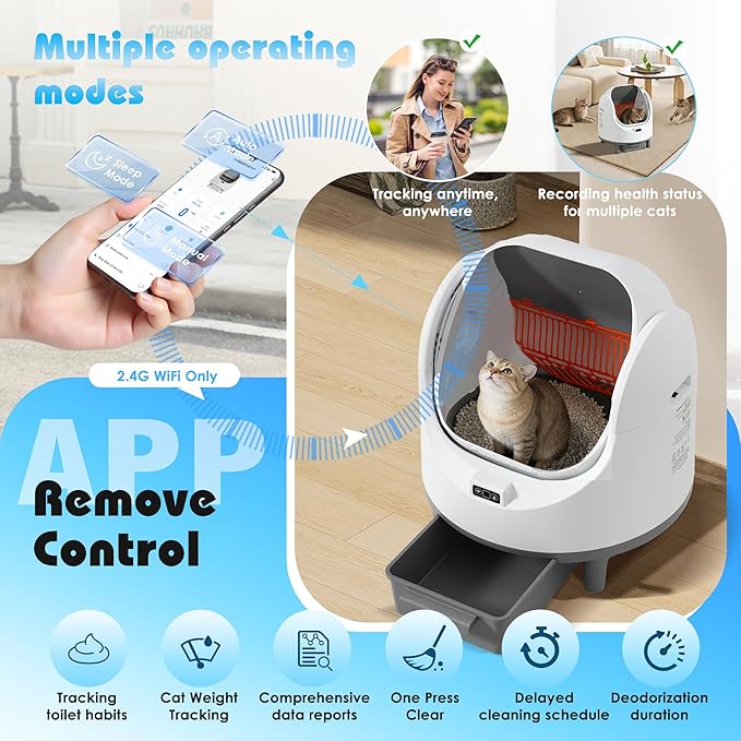 Automatic Cat Litter Box, Self Cleaning Litter Box with APP Control for Multiple Cats, Large Robot Kitty Litter Box with Safety Sensors, Odor Removal, 2 Roll Garbage Bags, 90L Open-Top Design