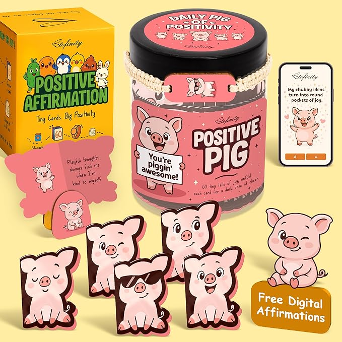 Stofinity Positive Pig Jar With 60 Affirmation Cards - Cute Pig Gifts For Women - Funny Christmas Birthday Gifts For Women Sister Friend Coworkers Adult - Motivational Desk Accessories
