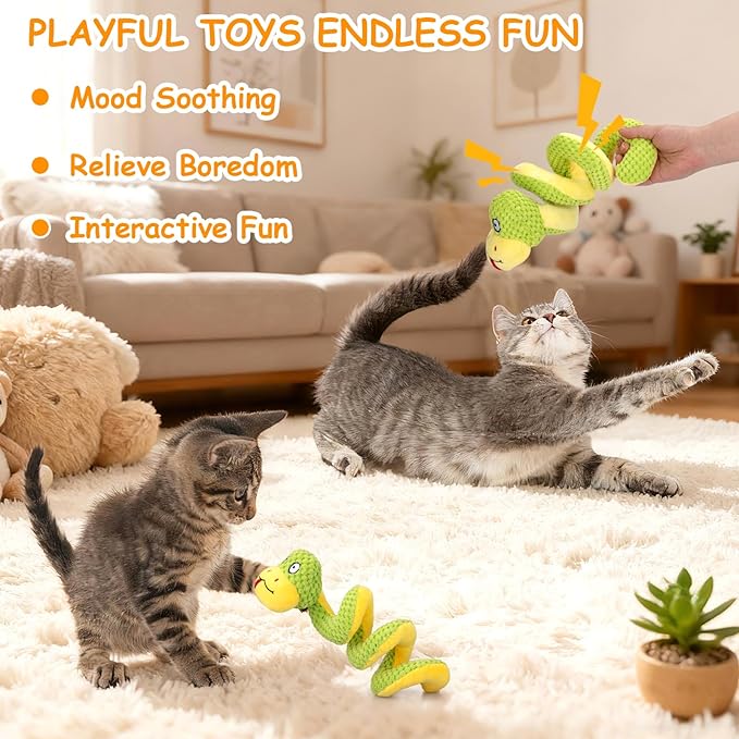Retro Shaw Interactive Snake Cat Toy - 11 in Realistic Catnip Toy with SilverVine & Crinkle Sound, Bite-Resistant Plush Kicker for Indoor Cats Exercise, Teething & Boredom Relief, Spring-Loaded Design