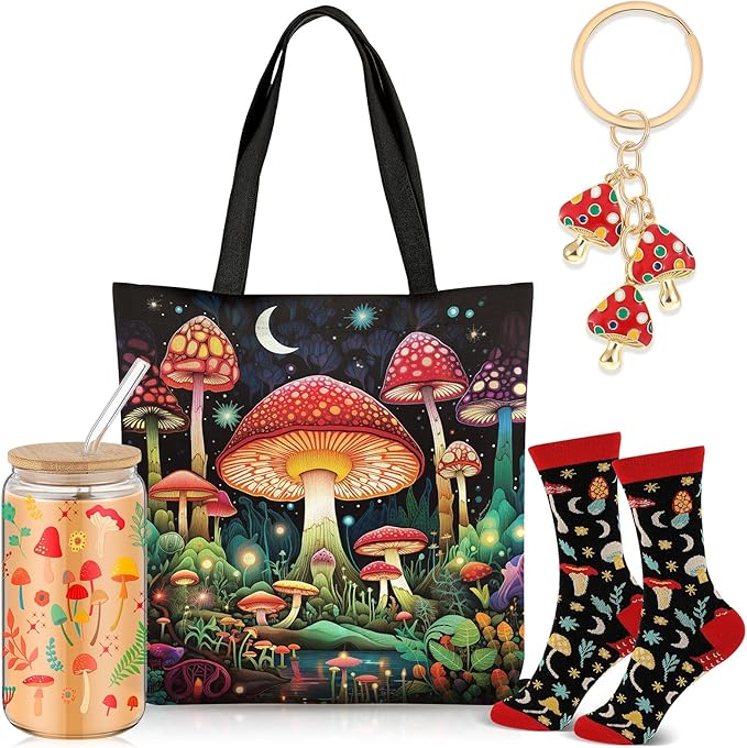 Paterr 4 Pcs Mushroom Gifts for Women Mushroom Lover Gift for Mother's Day Birthday Decorations, with Canvas Tote Bag 16oz Glass Coffee Cup with Straw Socks Cute Keychain