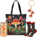 Paterr 4 Pcs Mushroom Gifts for Women Mushroom Lover Gift for Mother's Day Birthday Decorations, with Canvas Tote Bag 16oz Glass Coffee Cup with Straw Socks Cute Keychain