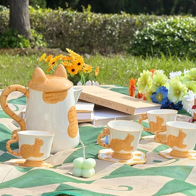 Ceramic Cat Tea Set,Cute Cat Paw Tea Mugs And Saucers Set Of 4,Perfect Cat Themed Gifts,Lovely Cat Decor,Tea Sets for Adults,Excellent Gift Idea For Cat Lovers (Black, 4)