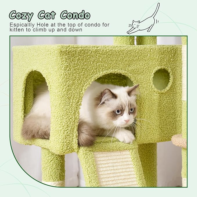 Gitelsnour Cat Tree, 42.1" Cat Tower for Indoor Kittens with Scratching Board and Posts, Multi-Level Cozy Cat Condo with 2 Perches, Hammock, Balls, Green and Yellow GCT005SGY