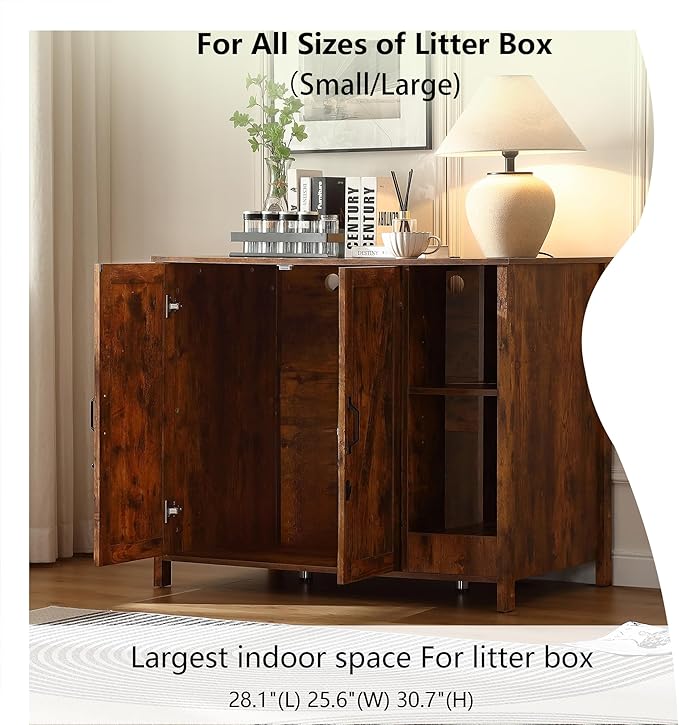 Large Cat Litter Box Enclosure with Litter Collector,Cat Litter Enclosure for Self-Cleaning Litter Boxes,Adjustable Shelf for Dog Proof,Outlet,Wooden Cat Washroom Cabinet,Brown Rustic