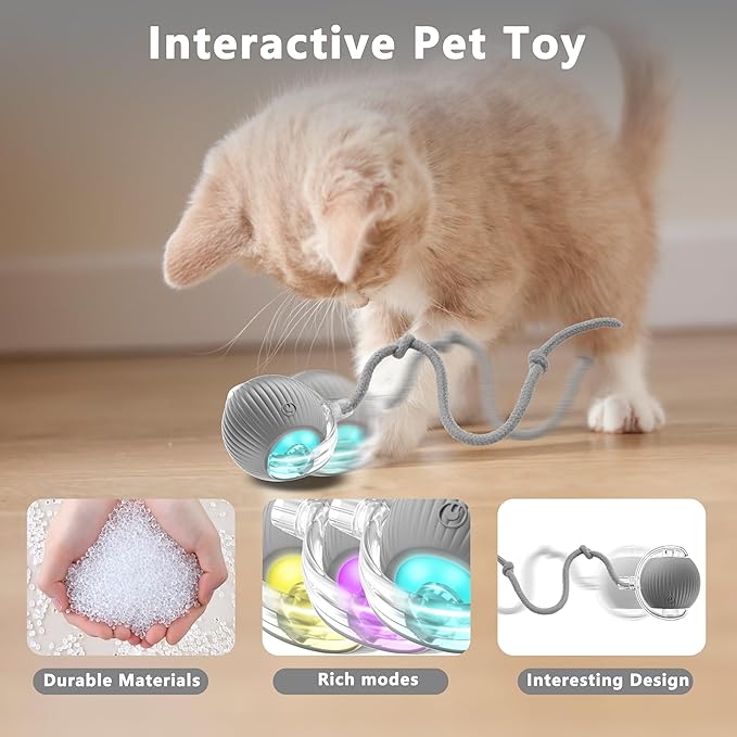 Interactive Cat Ball Toys,Indoor Moving Cat Toys, Automatic Rolling Toy with Cord, Interesting Rotating Ball Toy for Dogs and Cats (Gray)