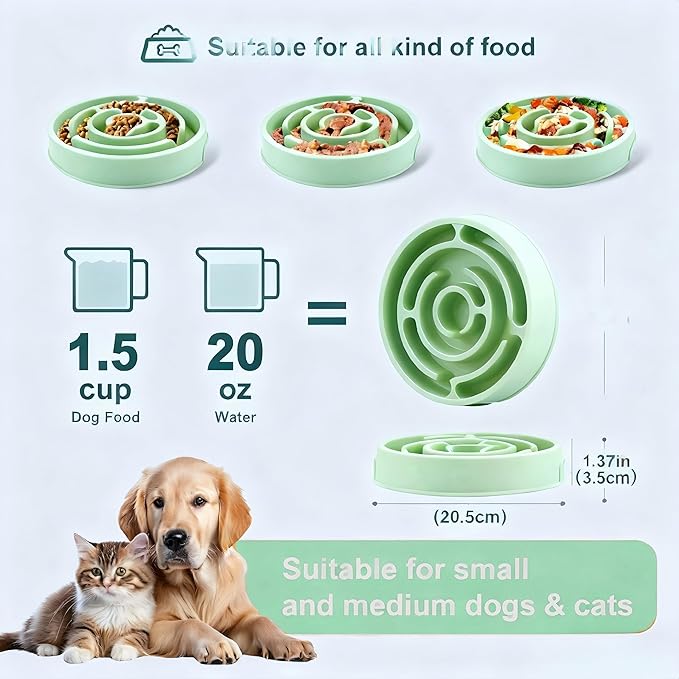 Pet Slow Feeder Bowl - Anti-Choking Maze Design, Universal for Dogs & Cats, Anti-Slip & Anti-Tip (Bowl-Light Green)