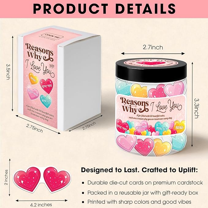 Miarita Love Messages In A Jar - 60 Reasons I Love You, Romantic Present for Boyfriend Girlfriend, Funny Wedding Anniversary Birthday Gift for Women Men Couples Wife Husband, Newlywed Gift for Couple