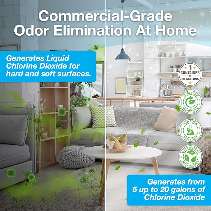 Biocide Systems Liquid Shocker Strong Odor Eliminator, Eco-Friendly Chlorine Dioxide Liquid Solution for Cleaning & Deodorizing Countertops, Floors and Walls, Makes Up to 20 gal. Pet & People Safe