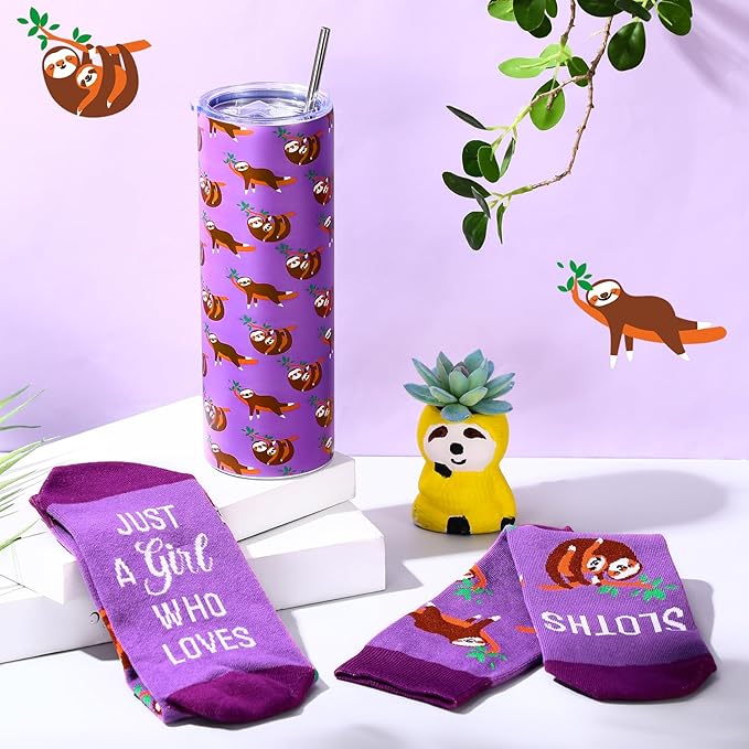 Funnymoom 2 Pack Sloth Gifts Set Skinny Tumbler 20 oz Travel Coffee Mug Novelty Socks Cute Animals Socks, Christmas Birthday Gifts for Sloth Themed Party Favors