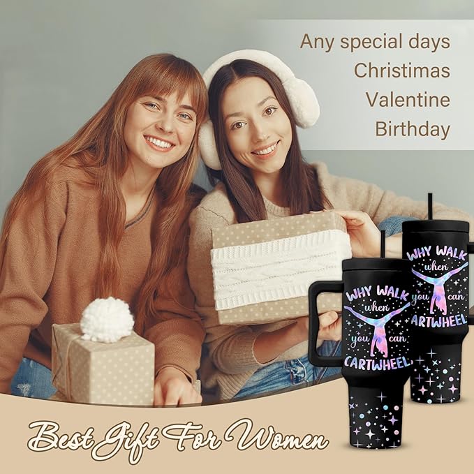 Gymnast Gymnastic Gifts, Stainless Steel Tumbler With Handle 40 Oz, Best Gifts For Gymnast, Birthday Christmas Gift Ideas, Glitter Bling Tumbler, Cartwheel Travel Mug