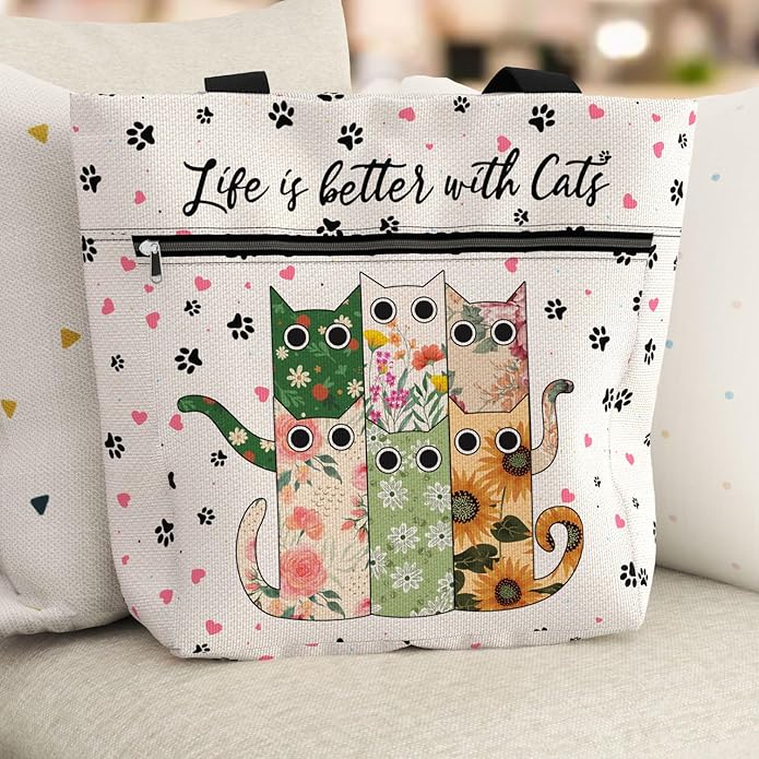Waterproof Tote Bag with Pockets and Zipper for Work. Shoulder Bag for Women. Gift for Cat Lover Cat Owner.
