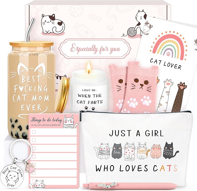 Cat Mom Gifts for Women Unique Cat Themed Gift for Cats Lovers Gifts for Women Funny Cats Accessories for Woman - Kitty Paw Socks Keychain Pen Candle Cup Sticky Notes Makeup Bag Card